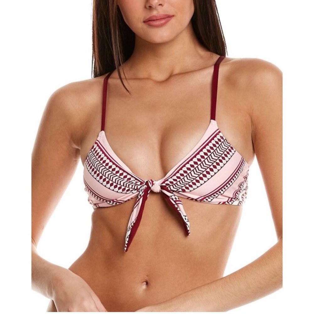 NWT LEMLEM Neela tie front bikini top pale pink and wine burgundy low cut M